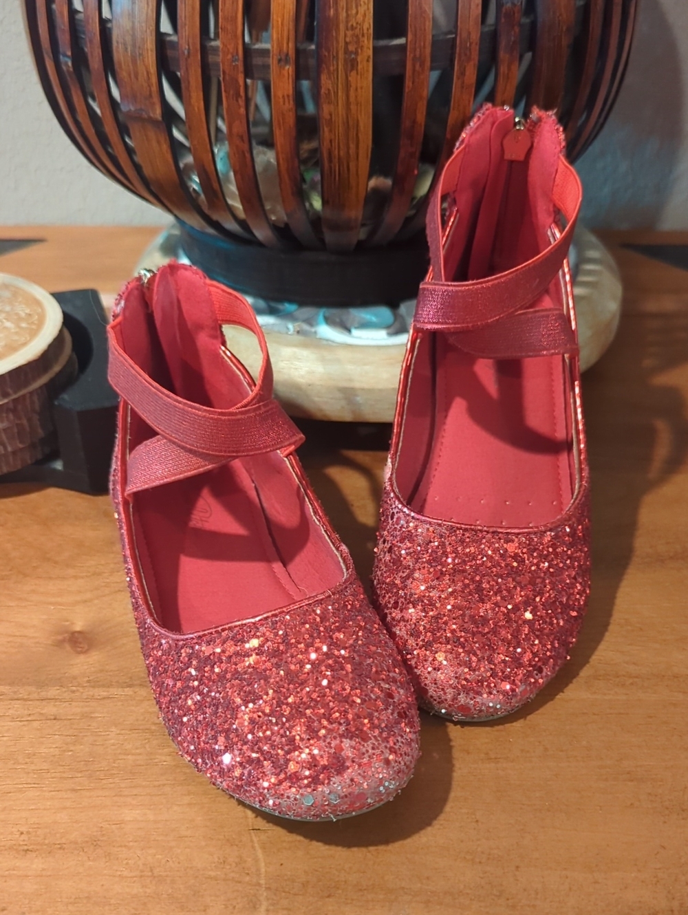 Kids Red Glitter Mary Jane Ballet Flats with Ankle Strap